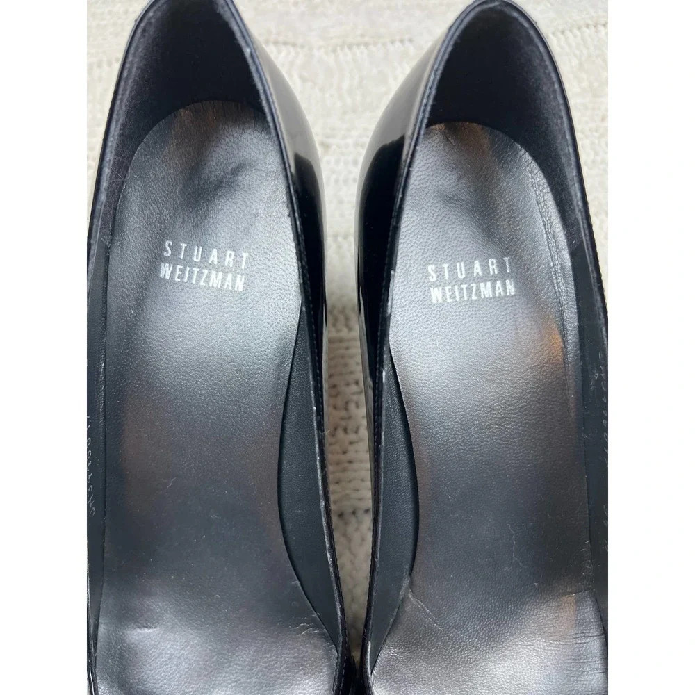 Stuart Weitzman Black Leather Heels Peep Toe Ribbon Size 9.5 - Picture 2 of 8